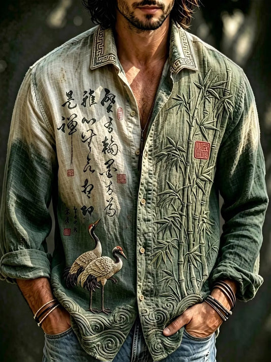Men's Olive Green Japanese Art Print Cotton Linen Shirt | Bamboo & Crane Vintage Casual Long Sleeve Shirt | Disssom.online