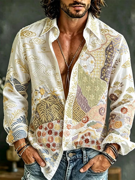 Men's White Japanese Art Print Cotton Linen Shirt | Premium Long Sleeve Vintage Casual Button-Up | Disssom.online