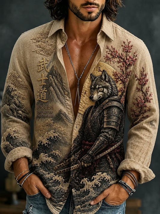 Men's Bushido Samurai Wolf Print Cotton Linen Shirt | Vintage Japanese Long Sleeve Casual Shirt | Disssom.online