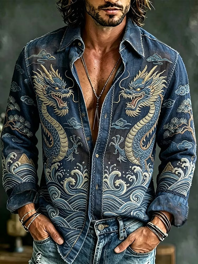 Men's Japanese Twin Dragon Denim Shirt | Vintage Ocean Wave Graphic Button-Up | Disssom.online