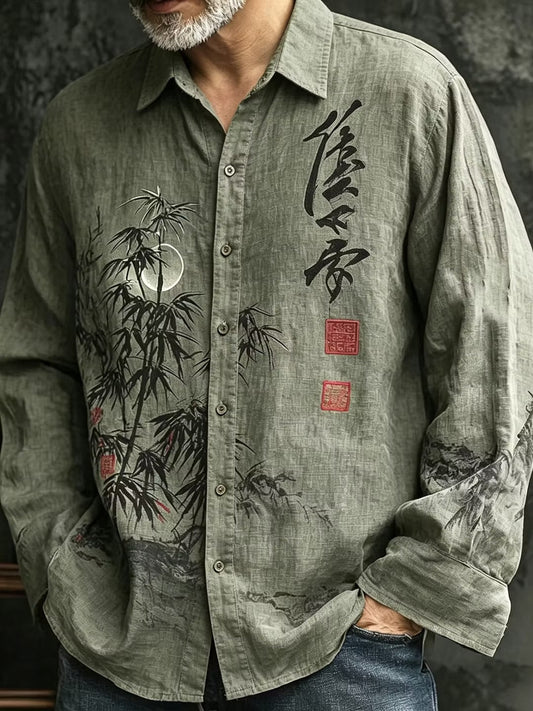 Men's Sage Green Japanese Bamboo Print Cotton Linen Shirt | Vintage Long Sleeve Casual Button-Up | Disssom.online