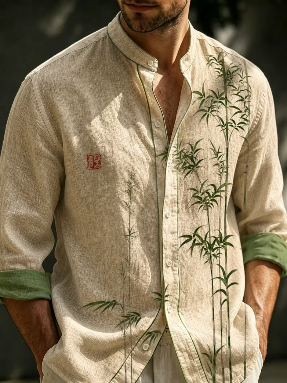 Men's Beige Bamboo Print Cotton Linen Shirt | Mandarin Collar Long Sleeve Casual Button-Up | Disssom.online