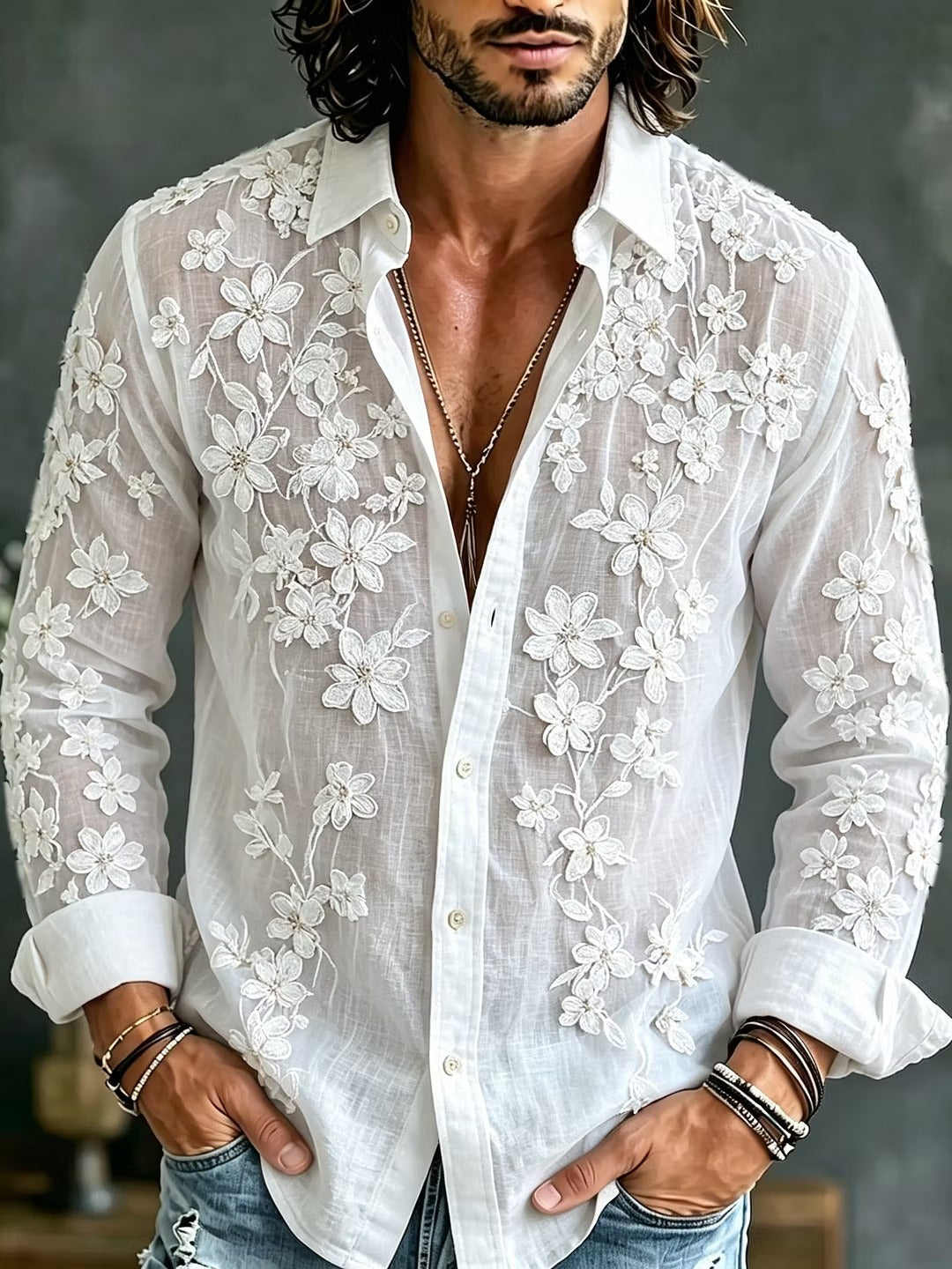 Men's White Sheer Floral Embroidered Shirt | Premium Mesh Long Sleeve Button-Up Party Shirt | Disssom.online