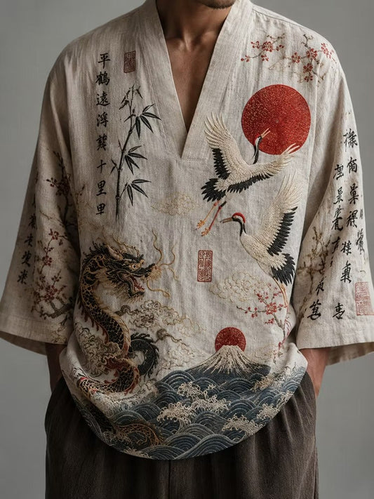 Men's Japanese Kimono Style Cotton Linen Shirt | Crane Dragon Print V-Neck Casual Half Sleeve Top | Disssom.online
