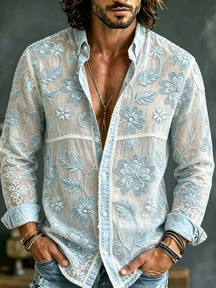 Men's Sky Blue Sheer Floral Embroidered Shirt | Premium Mesh Long Sleeve Button-Up Party Shirt | Disssom.online