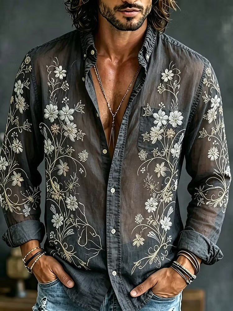 Men's Black Sheer Floral Embroidered Shirt | Premium Long Sleeve Mesh Casual Party Shirt | Disssom.online