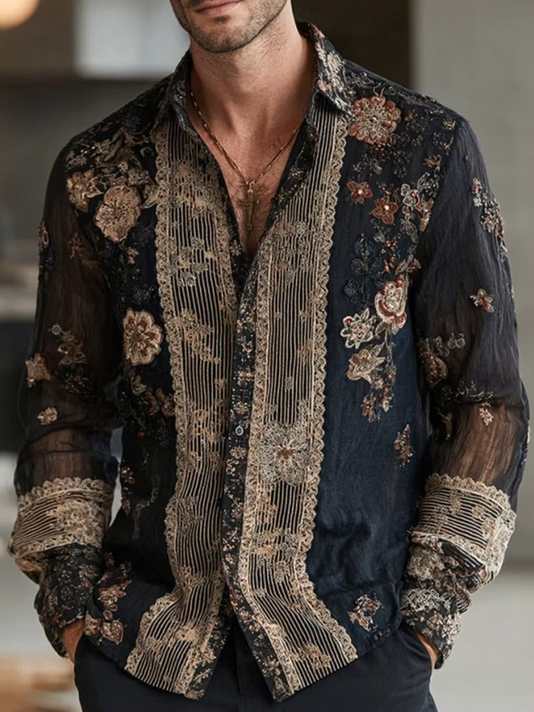 Men's Black Floral Embroidered Mesh Shirt | Luxury Long Sleeve Sheer Party Button-Up | Disssom.online