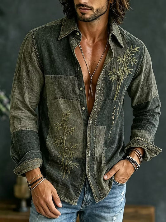 Men's Vintage Patchwork Cotton Linen Shirt | Dark Olive Bamboo Embroidered Long Sleeve Casual Shirt | Disssom.online
