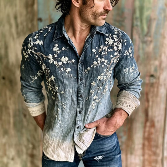 Men's Blue Ombre Floral Embroidered Cotton Linen Shirt | Long Sleeve Vintage Casual Button-Up | Disssom.online