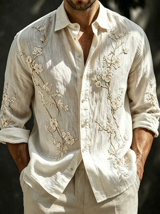 Men's White Floral Embroidered Cotton Linen Shirt | Premium Long Sleeve Casual Button-Up | Disssom.online