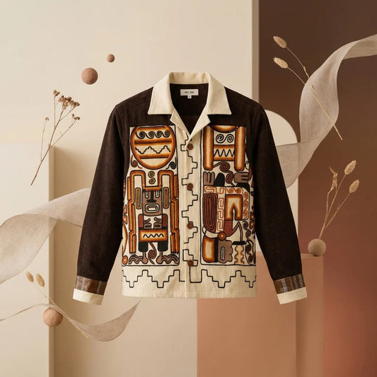 Men's Tribal Art Corduroy Jacket Shirt | Premium Vintage Graphic Button-Up Overshirt