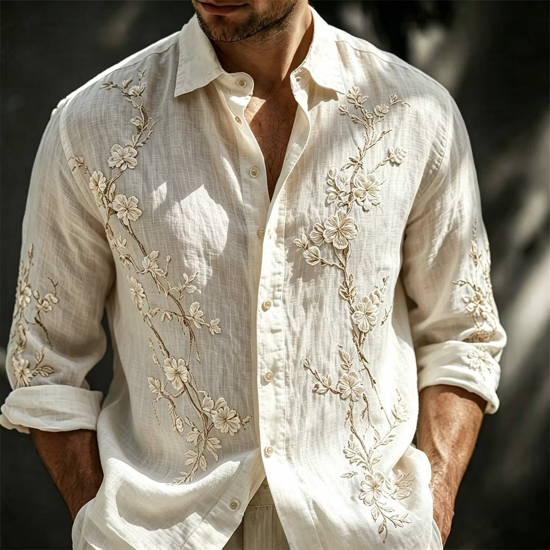 Men's White Floral Embroidered Cotton Linen Shirt | Premium Long Sleeve Casual Button-Up | Disssom.online