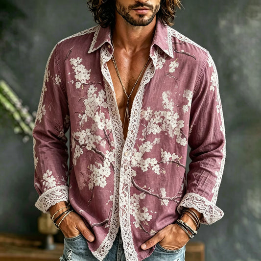 Men's Vintage Floral Lace Shirt | Cherry Blossom Print Long Sleeve Button-Up | Disssom.online