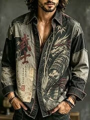 Men's Vintage Samurai Dragon Graphic Shirt | Distressed Japanese Style Long Sleeve Button-Up | Disssom.online