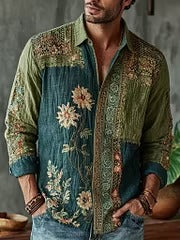 Men's Vintage Patchwork Floral Embroidered Cotton Linen Shirt | Green & Teal Long Sleeve Casual Shirt | Disssom.online