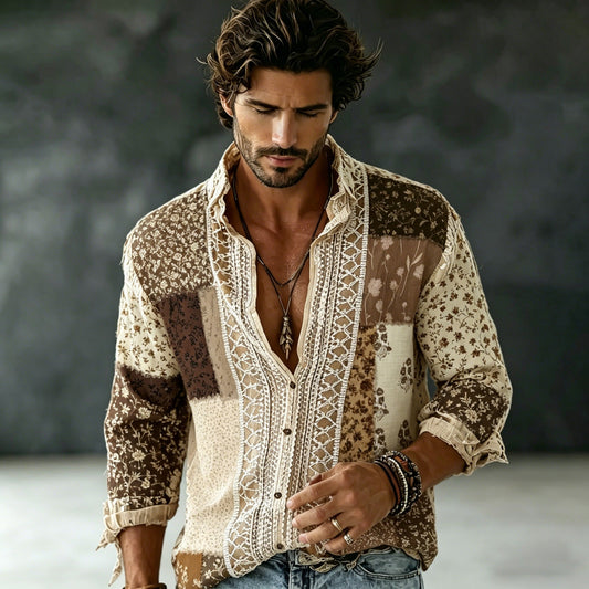 Men's Vintage Patchwork Bohemian Lace Shirt | Floral Print Long Sleeve Button-Up | Disssom.online