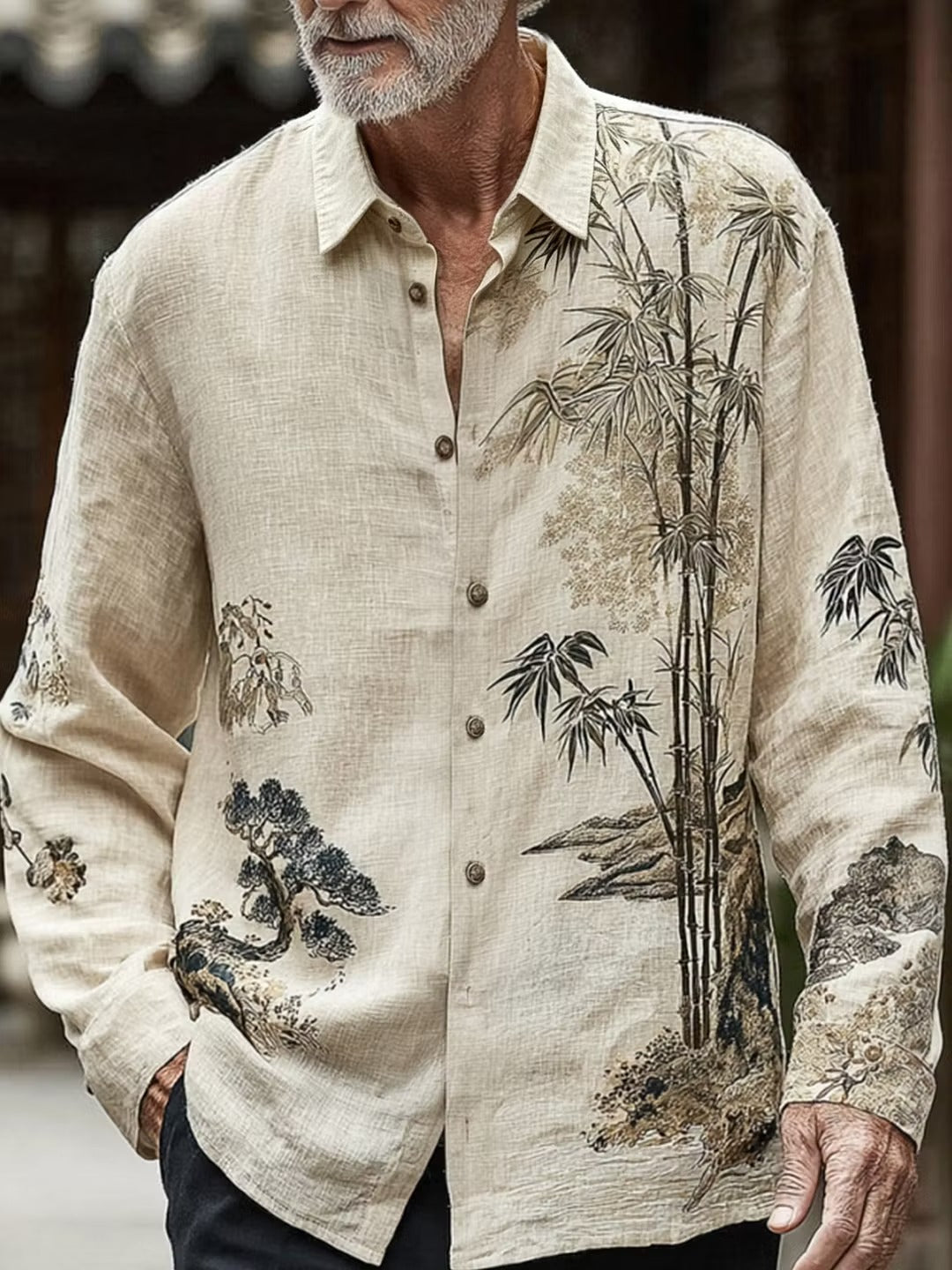 Men's Beige Japanese Bamboo Print Cotton Linen Shirt | Long Sleeve Casual Button-Up Shirt | Disssom.online