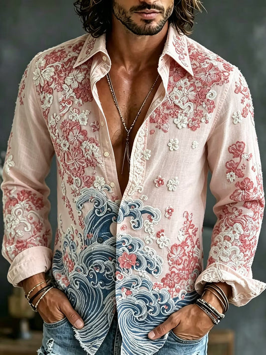 Men's Blush Pink Floral Embroidered Cotton Linen Shirt | Japanese Wave Print Long Sleeve Casual Shirt | Disssom.online