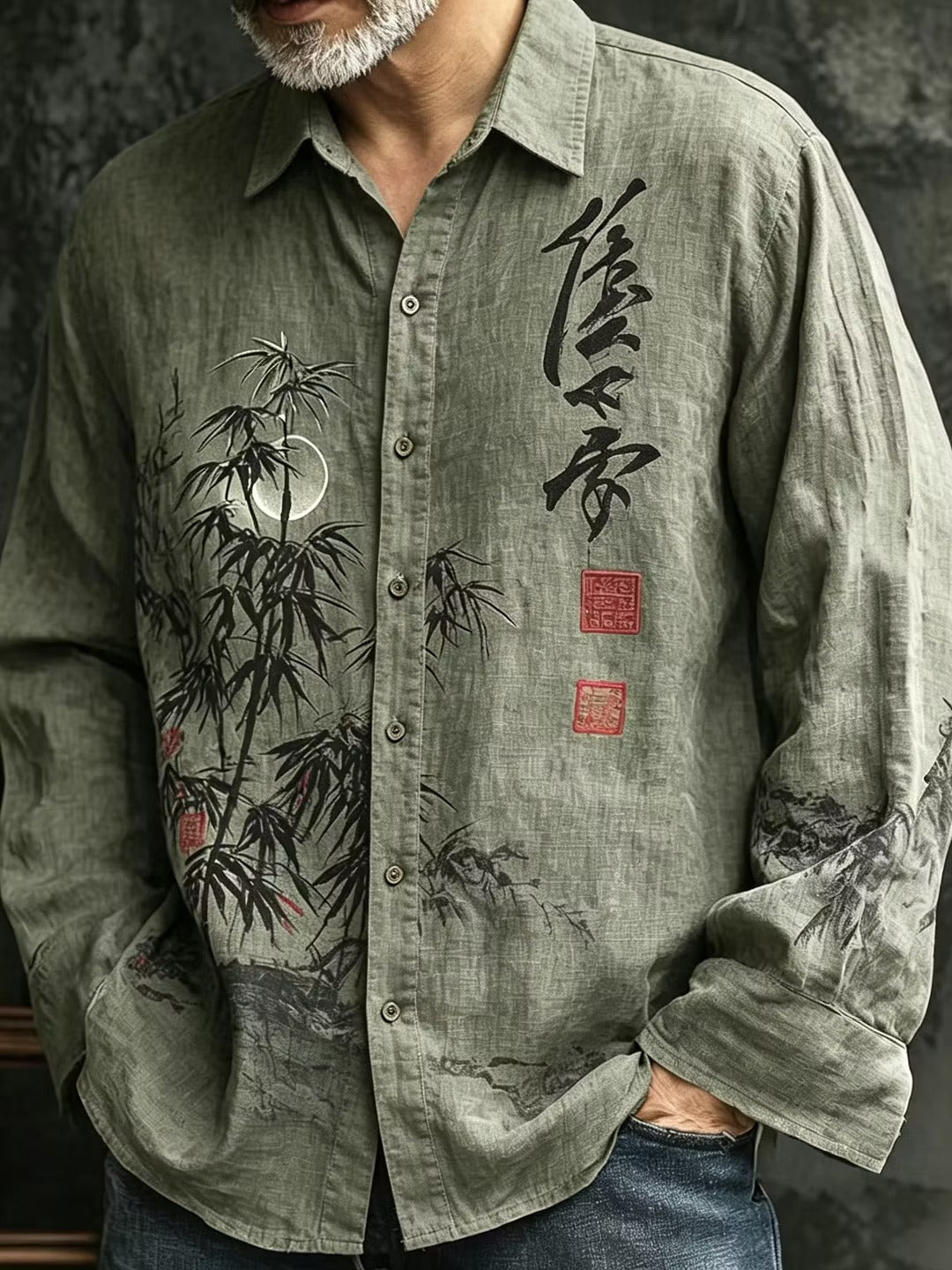 Men's Sage Green Japanese Bamboo Print Cotton Linen Shirt | Vintage Long Sleeve Casual Button-Up | Disssom.online
