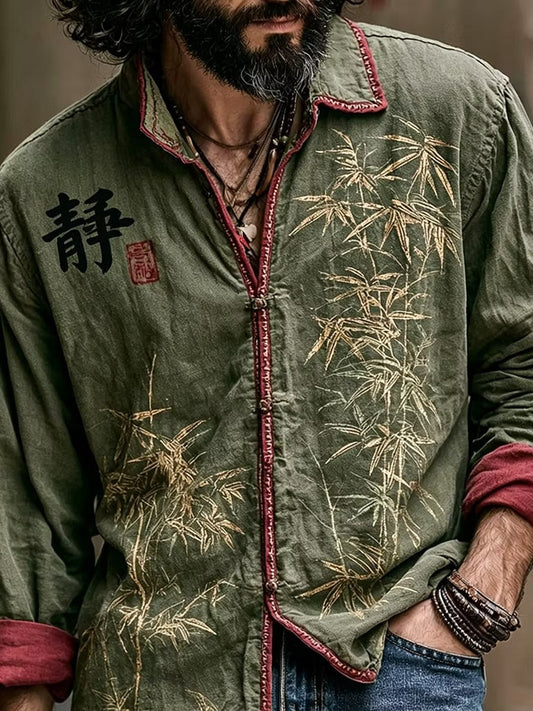 Men's Olive Green Vintage Bamboo Print Casual Cotton Linen Shirt | Long Sleeve Retro Button-Up