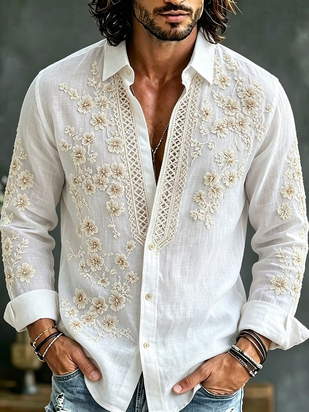 Men's White Floral Embroidered Cotton Linen Shirt | Luxury Long Sleeve Casual Button-Up | Disssom.online