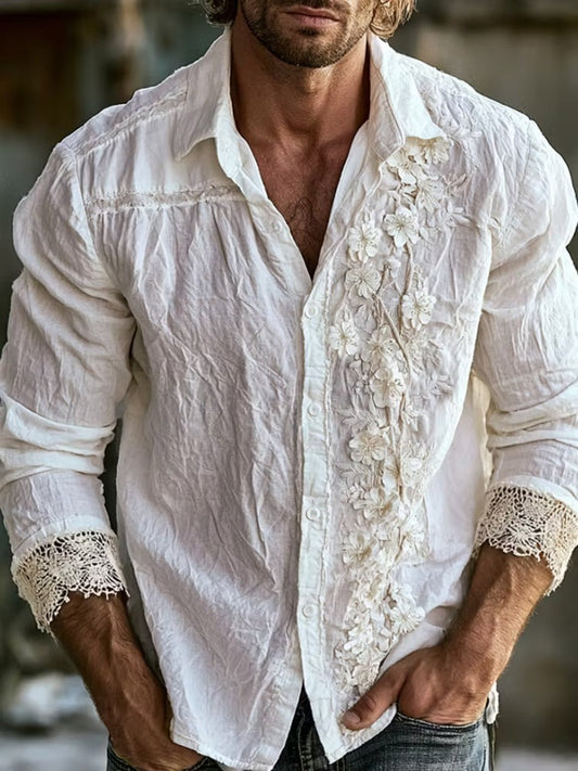 Men's White Floral Embroidered Cotton Linen Casual Shirt | Premium Long Sleeve Vintage Button-Up