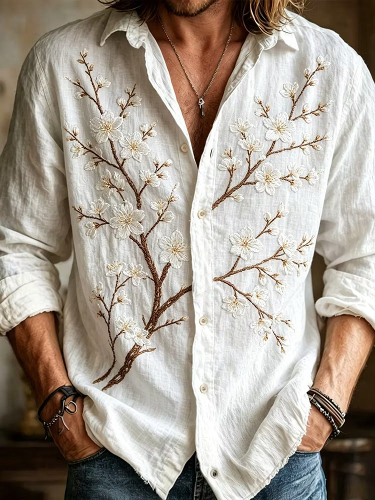 Men's White Cherry Blossom Embroidered Linen Shirt | Premium Long Sleeve Casual Button-Up | Disssom.online