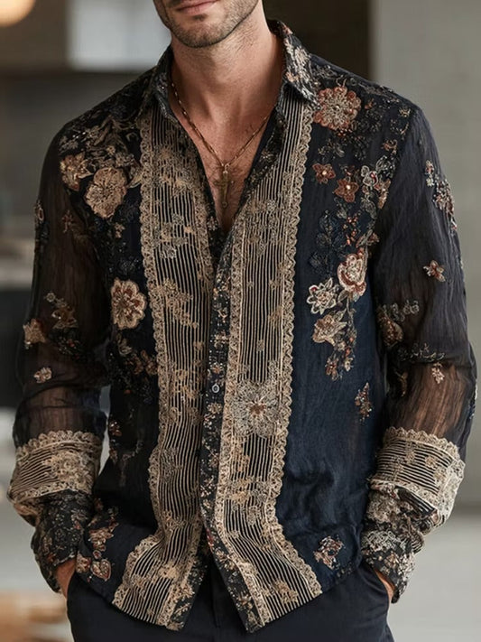 Men's Black Floral Embroidered Mesh Shirt | Luxury Long Sleeve Sheer Party Button-Up | Disssom.online