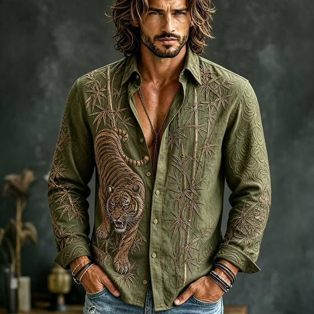 Men's Olive Green Tiger Embroidered Cotton Linen Shirt | Japanese Bamboo Long Sleeve Casual Shirt | | Disssom.online