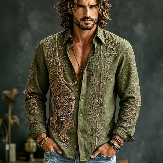 Men's Olive Green Tiger Embroidered Cotton Linen Shirt | Japanese Bamboo Long Sleeve Casual Shirt | | Disssom.online