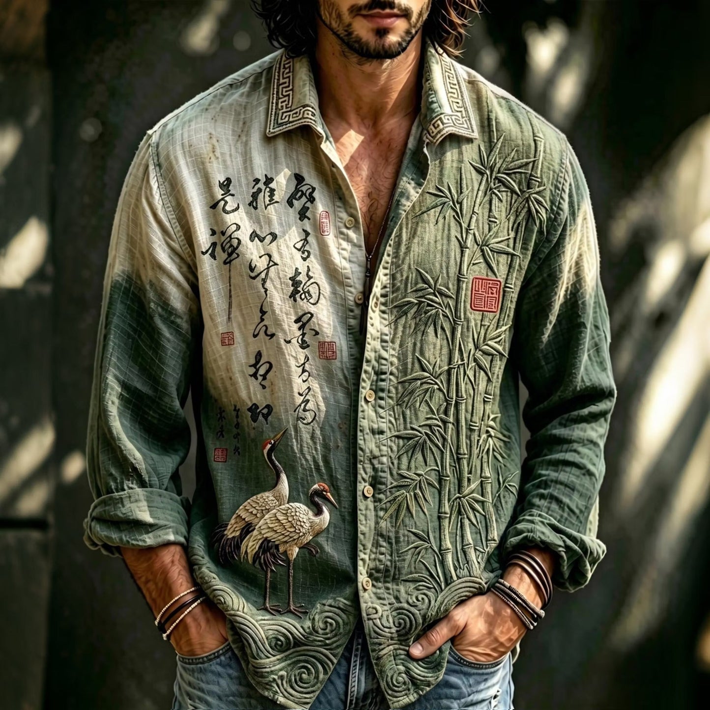 Men's Olive Green Japanese Art Print Cotton Linen Shirt | Bamboo & Crane Vintage Casual Long Sleeve Shirt | Disssom.online