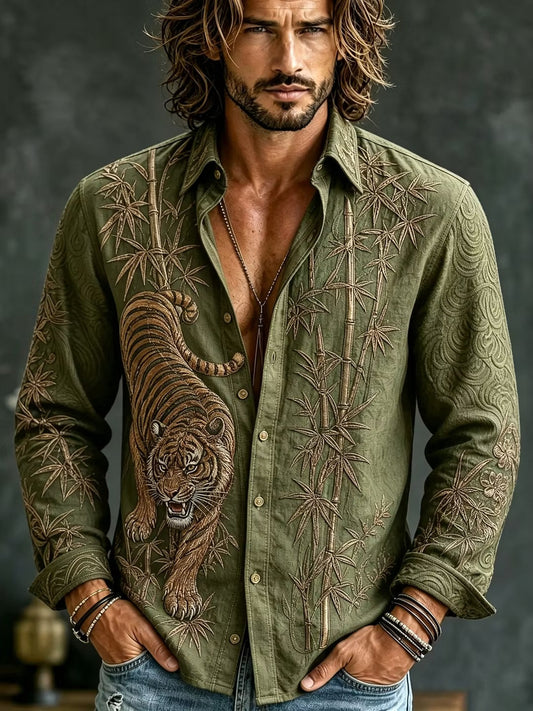 Men's Olive Green Tiger Embroidered Cotton Linen Shirt | Japanese Bamboo Long Sleeve Casual Shirt | | Disssom.online