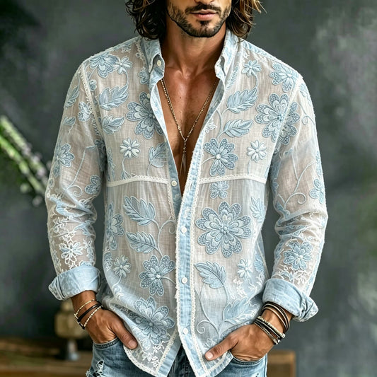 Men's Sky Blue Sheer Floral Embroidered Shirt | Premium Mesh Long Sleeve Button-Up Party Shirt | Disssom.online