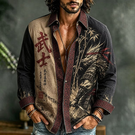Men's Bushido Samurai Warrior Graphic Shirt | Japanese Vintage Long Sleeve Button-Up | Disssom.online