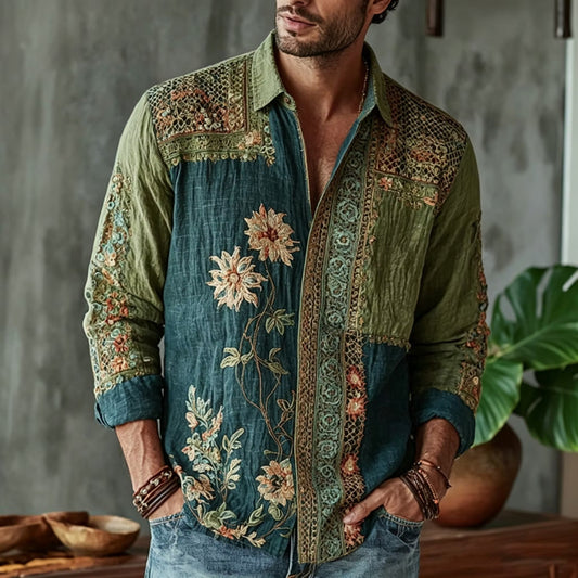 Men's Vintage Patchwork Floral Embroidered Cotton Linen Shirt | Green & Teal Long Sleeve Casual Shirt | Disssom.online