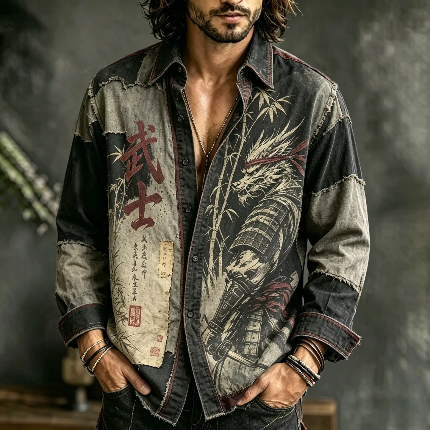 Men's Vintage Samurai Dragon Graphic Shirt | Distressed Japanese Style Long Sleeve Button-Up | Disssom.online