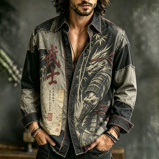 Men's Vintage Samurai Dragon Graphic Shirt | Distressed Japanese Style Long Sleeve Button-Up | Disssom.online