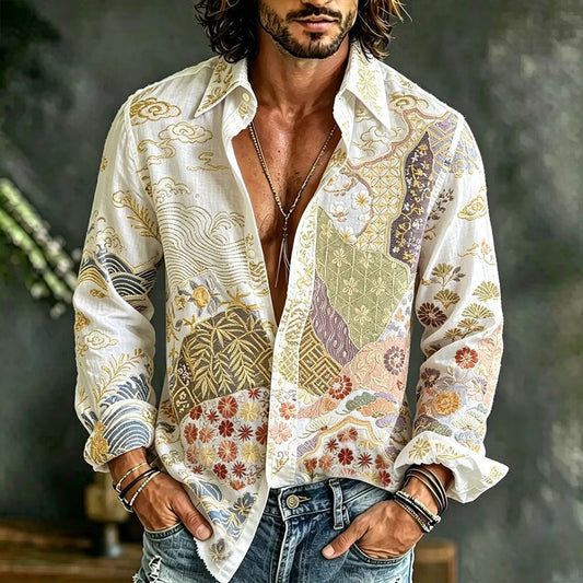 Men's White Japanese Art Print Cotton Linen Shirt | Premium Long Sleeve Vintage Casual Button-Up | Disssom.online