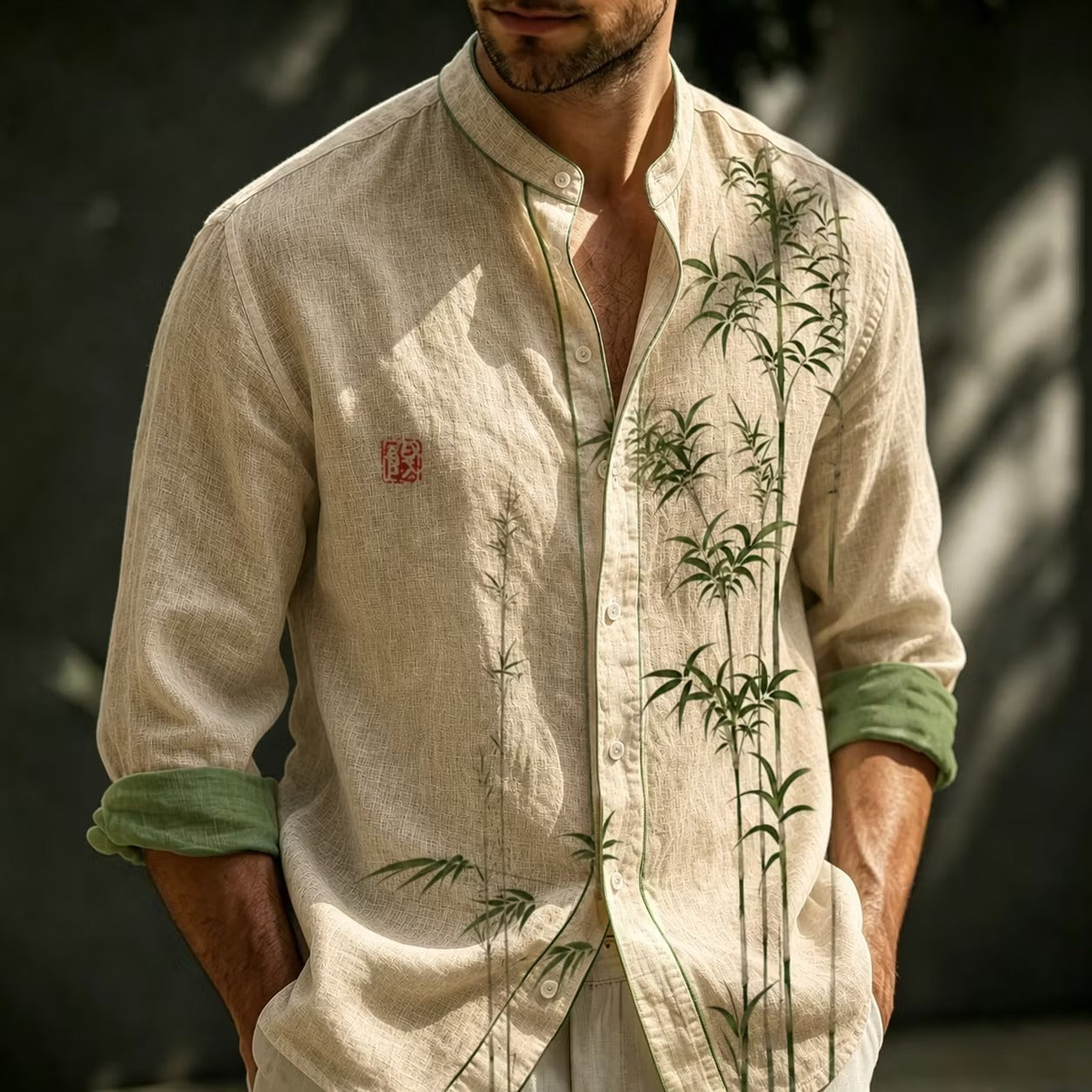 Men's Beige Bamboo Print Cotton Linen Shirt | Mandarin Collar Long Sleeve Casual Button-Up | Disssom.online