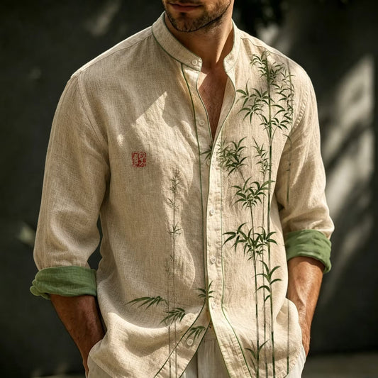 Men's Beige Bamboo Print Cotton Linen Shirt | Mandarin Collar Long Sleeve Casual Button-Up | Disssom.online