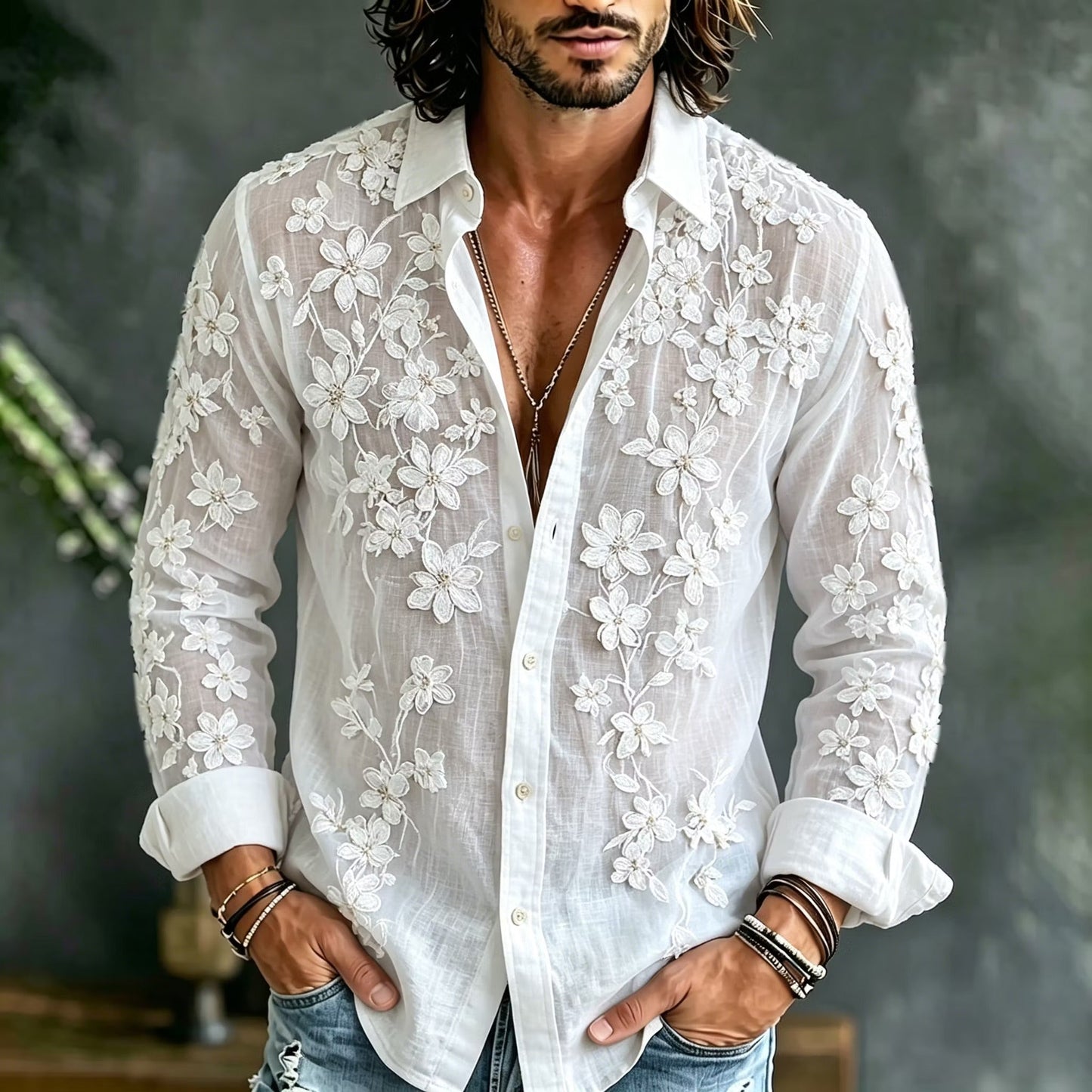 Men's White Sheer Floral Embroidered Shirt | Premium Mesh Long Sleeve Button-Up Party Shirt | Disssom.online