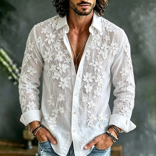 Men's White Sheer Floral Embroidered Shirt | Premium Mesh Long Sleeve Button-Up Party Shirt | Disssom.online