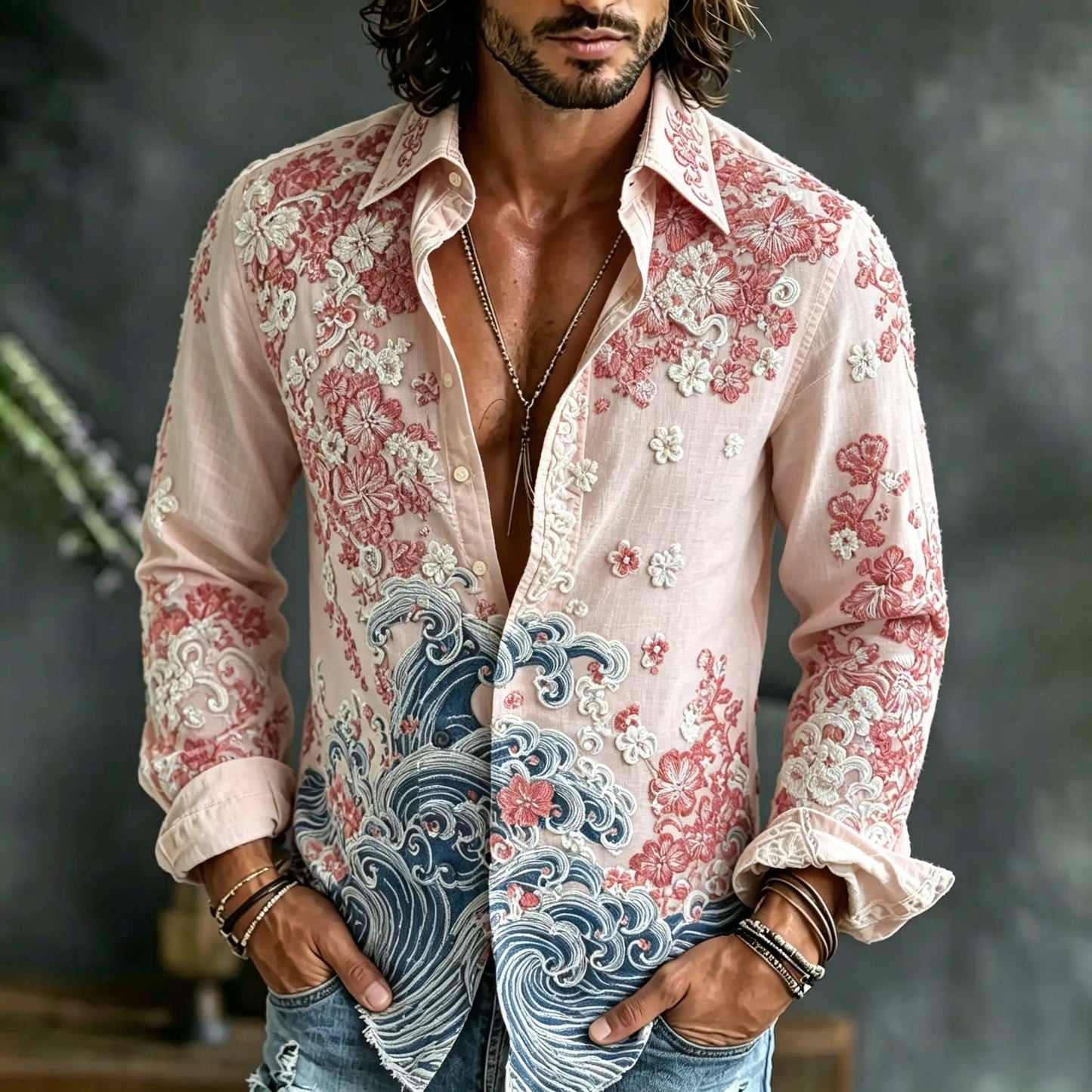 Men's Blush Pink Floral Embroidered Cotton Linen Shirt | Japanese Wave Print Long Sleeve Casual Shirt | Disssom.online