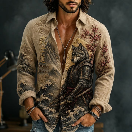 Men's Bushido Samurai Wolf Print Cotton Linen Shirt | Vintage Japanese Long Sleeve Casual Shirt | Disssom.online