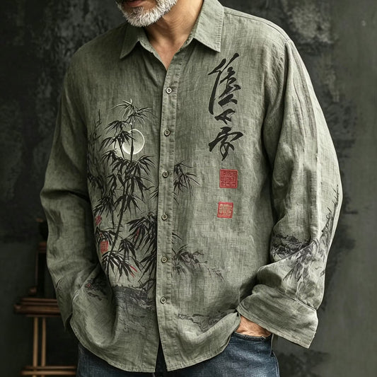 Men's Sage Green Japanese Bamboo Print Cotton Linen Shirt | Vintage Long Sleeve Casual Button-Up | Disssom.online