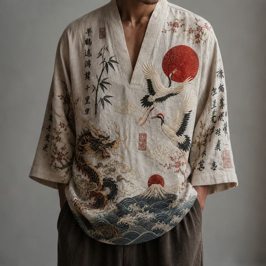 Men's Japanese Kimono Style Cotton Linen Shirt | Crane Dragon Print V-Neck Casual Half Sleeve Top | Disssom.online