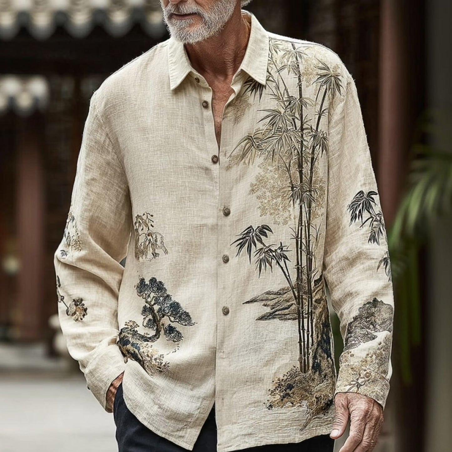 Men's Beige Japanese Bamboo Print Cotton Linen Shirt | Long Sleeve Casual Button-Up Shirt | Disssom.online