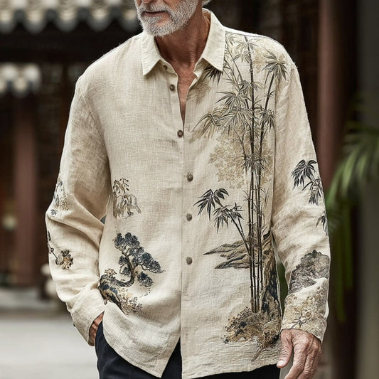 Men's Beige Japanese Bamboo Print Cotton Linen Shirt | Long Sleeve Casual Button-Up Shirt | Disssom.online