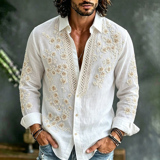 Men's White Floral Embroidered Cotton Linen Shirt | Luxury Long Sleeve Casual Button-Up | Disssom.online