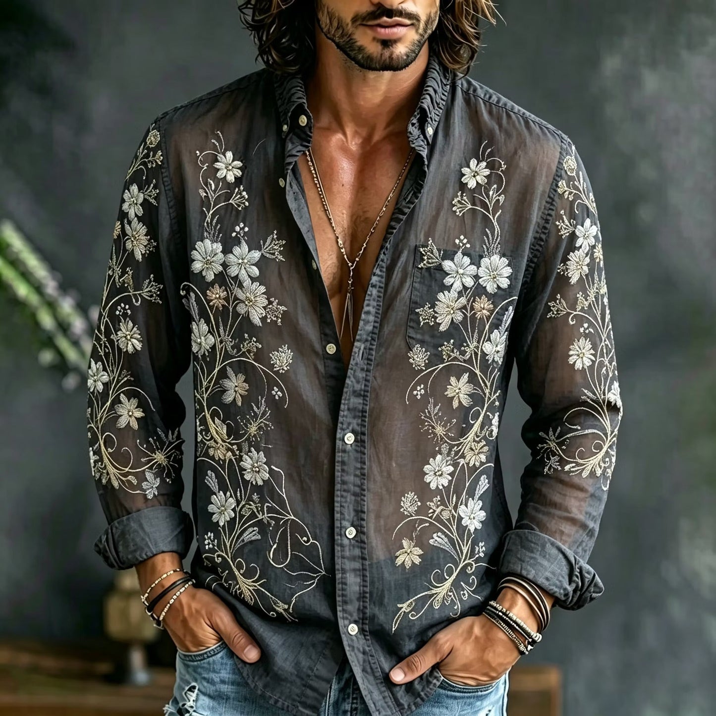 Men's Black Sheer Floral Embroidered Shirt | Premium Long Sleeve Mesh Casual Party Shirt | Disssom.online